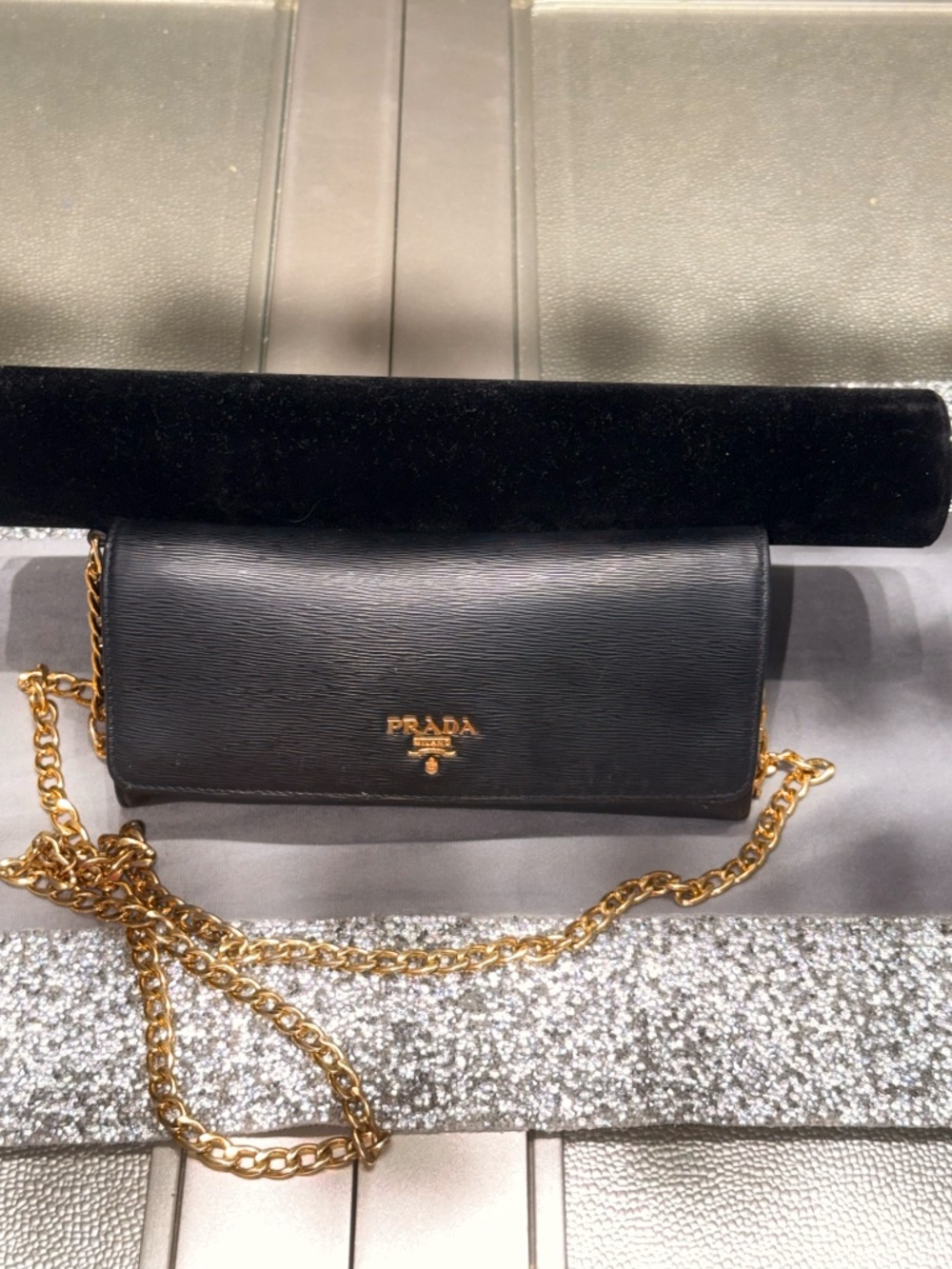 Prada Black Leather Chain Wallet on Chain Gold Hardware